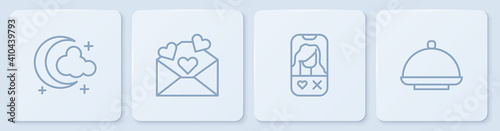 Set line Moon and stars, Dating app online, Envelope with Valentine heart and Covered tray. White square button. Vector.