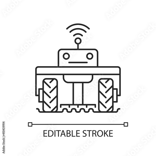Robotic in agriculture linear icon. Automation in agronomy industry. Engineering in biotechnology. Thin line customizable illustration. Contour symbol. Vector isolated outline drawing. Editable stroke