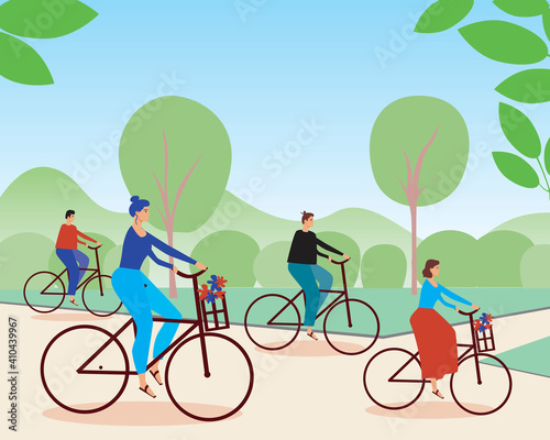 Group of cyclists together in the park as rides a bike concept, Flat vector stock illustration of cycling in the park