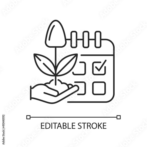Estimating planting time linear icon. Growing season. Plant production. Harvesting. Smart farming. Thin line customizable illustration. Contour symbol. Vector isolated outline drawing. Editable stroke