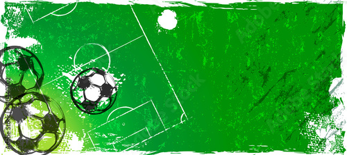 abstact background with soccer ball, football, field, paint strokes and splashes, grungy frame, free copy space