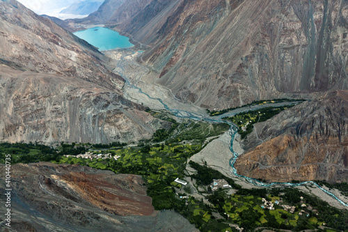 aerial view of sadpara village with sadpara lake and sadpara village with water channels  photo