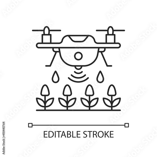 Farming drones linear icon. Precision agriculture. Drone mapping. Automation in agronomy. Thin line customizable illustration. Contour symbol. Vector isolated outline drawing. Editable stroke