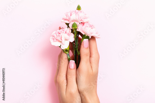 Female hands hold rose flowers on a pink pastel background. Beauty and care.