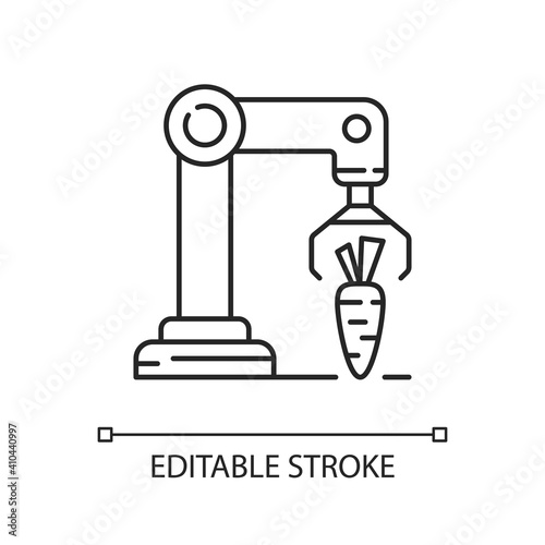 Harvesting robotics linear icon. Smart industy. Modern farm technology. Engineering in biotech. Thin line customizable illustration. Contour symbol. Vector isolated outline drawing. Editable stroke