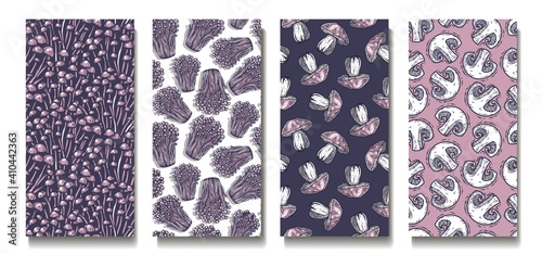 Trendy seamless mushrooms patterns. Set of fungi vegan food backgrounds. Endless texture with boletus and champignon for wallpaper