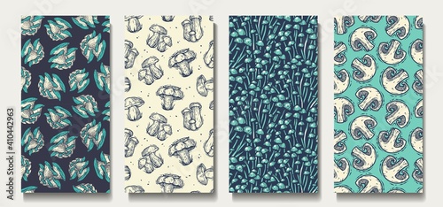 Trendy seamless mushrooms patterns. Set of fungi vegan food backgrounds. Endless texture with boletus and champignon for wallpaper