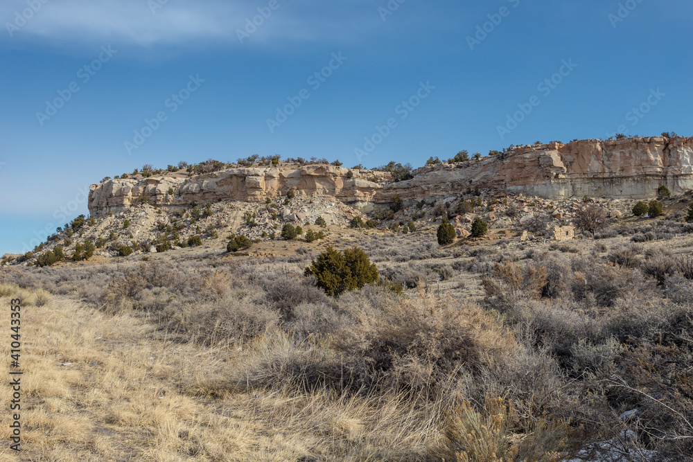 Tall grass and brush in front of rocky mountain scape on clear day in rural New Mexico