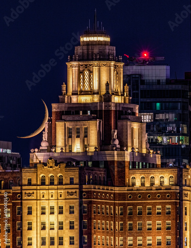 Customs house in Philadelphia during moon set 