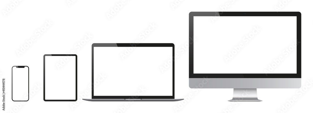 Devices mockup set. Realistic set of monitor, laptop, tblet, smartphone. Vector illustration. Devices mockup set. Realistic set of monitor, laptop, tblet, smartphone. Vector illustration.