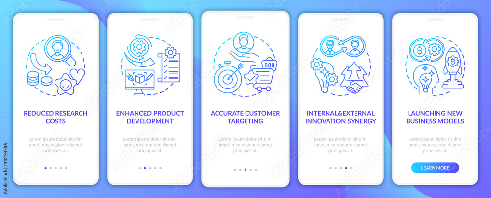 Open innovation advantages onboarding mobile app page screen with concepts. Business models, development walkthrough 5 steps graphic instructions. UI vector template with RGB color illustrations