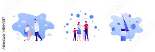 Vaccinacion and coronavirus virus protection concept. Vector flat people illustration set. Vaccine shot in syringe and vial. Male doctor and female patient sitting. Family with boy and girl child.