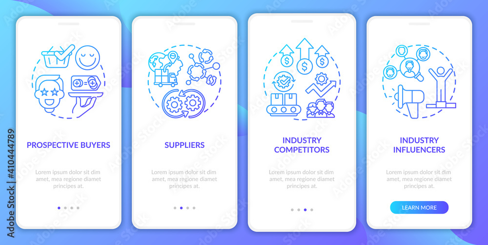 Collaborative creation sharers onboarding mobile app page screen with concepts. Industry influencers, rivals walkthrough 4 steps graphic instructions. UI vector template with RGB color illustrations