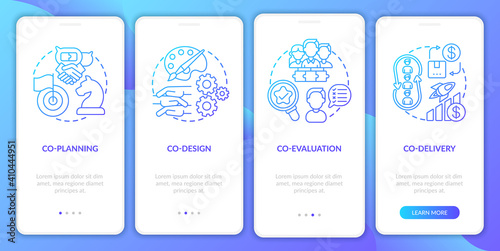 Co-production elements onboarding mobile app page screen with concepts. Co-designing, co-evaluating walkthrough 4 steps graphic instructions. UI vector template with RGB color illustrations