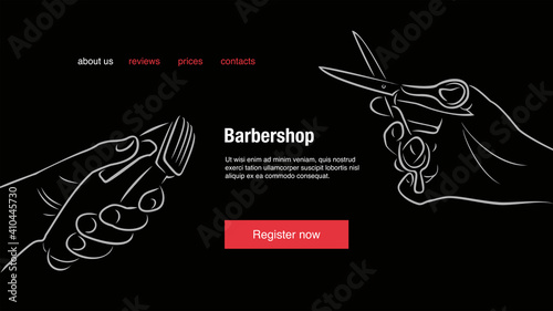 Hand holds a professional hair clipper. Hand holds professional scissors for haircuts. Drawing for barber shops. Hairdresser poster. Banner template for posts, story or page for the website