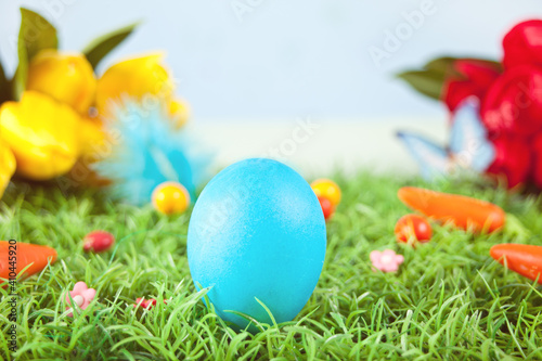 Blue color easter egg in the grass with flowers tulips on the background