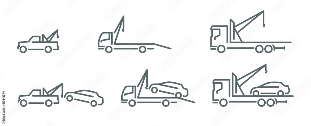 Icons set, line silhouette of wrecker truck with broken car, tow car outline Icons set, line silhouette of wrecker truck with broken car, tow car outline