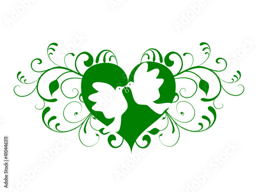 floral, herz, taube, liebe, grün, frühling, silhouette, ehe, ring, verlobung, heirat, verliebt, hochzeit, valentinstag, jahrestag, kulisse, vogel, wirbel, swirl, freundschaft, bindung, paty, feier