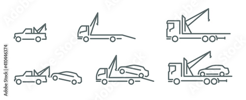 Icons set, line silhouette of wrecker truck with broken car, tow car outline