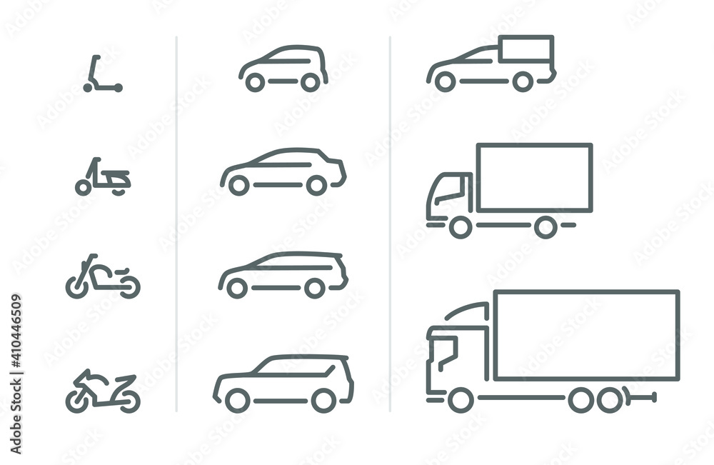 Set of transport icons, line silhouette, motorcycles, passenger cars, delivery transport 