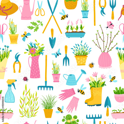 Spring seamless pattern in simple hand-drawn cartoon style. Vector childish colorful illustration of flower pots, bouquets and garden tools. Ideal for printing on fabrics, textiles, packaging.