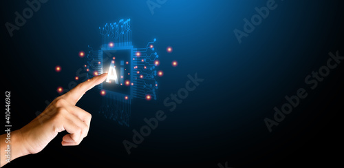 Finger touching on artificial intelligence (Ai) with circuit board on blue background. Connection of technology and innovation, machine learning. Technology and science concept.