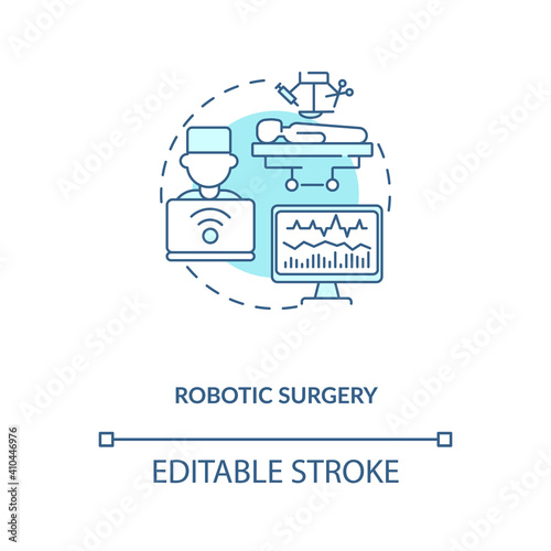 Robotic surgery concept icon. CPS usage idea thin line illustration. Robotic technology. Performing complex surgical tasks. Vector isolated outline RGB color drawing. Editable stroke