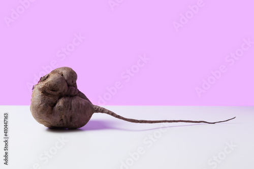 Ugly vegetable. Organic food. Deformed sugar beet root. Neon lighting, copy space