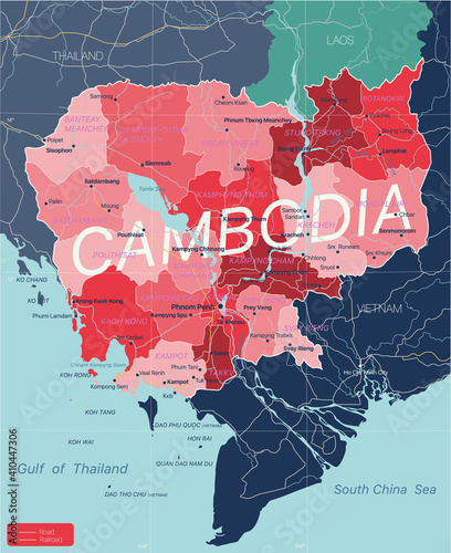 Cambodia country detailed editable map with regions cities and towns, roads and railways, geographic sites. Vector EPS-10 file