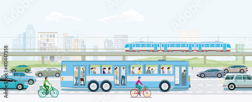 Strassenverkehr mit Hochbahn, Bus und Radfahrer und Stadtansicht Illustration
