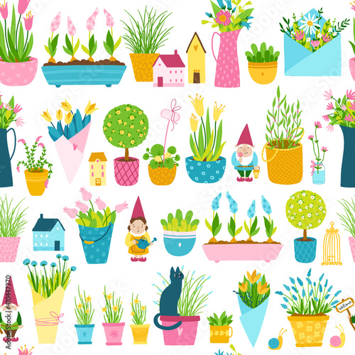 Spring seamless pattern in simple hand-drawn cartoon style. Vector childish colorful illustration of garden gnomes  houses  flower pots and vases with bouquets of flowers. Ideal for printing.