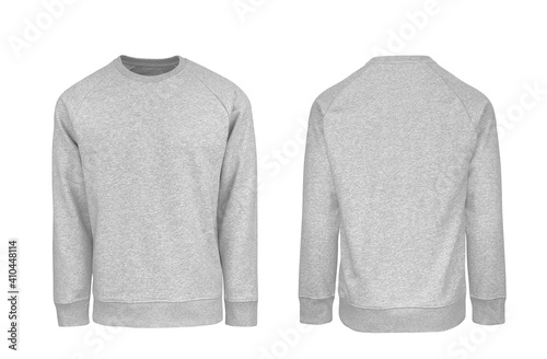 Add your own design. Men's Heather Grey Sweatshirt with Raglan Sleeve, cutout and Isolated on a White Background for Branding and Personalisation. Photographed on a Medium Male Ghost Mannequin. photo