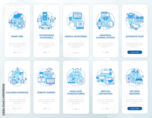 Fourth industrial revolution onboarding mobile app page screen with concepts set. CPS implementation walkthrough 5 steps graphic instructions. UI vector template with RGB color illustrations