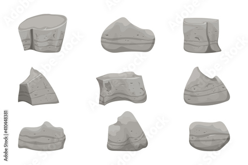 Stone boulders set isolated on white background, detailed drawing in cartoon style with cracked elements for design and ui games. Collection massive constructions. 