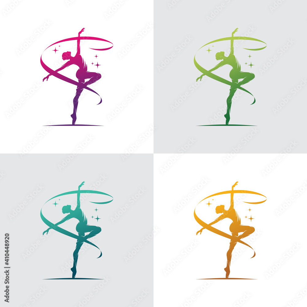 Young gymnast woman dance with ribbon logo Young gymnast woman dance with ribbon logo