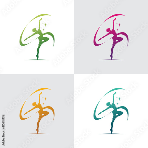 Young gymnast woman dance with ribbon logo