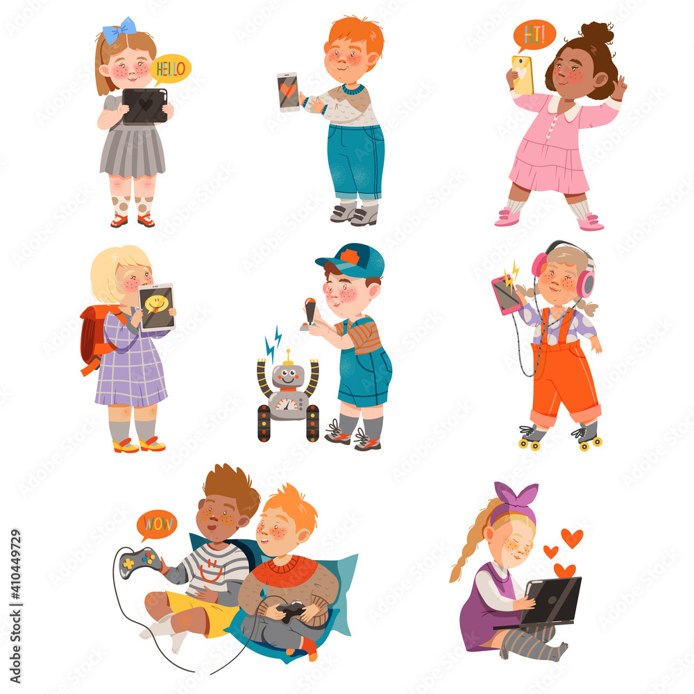 Kid Characters Using Gadgets Like Smartphone, Laptop and Tablet pc Vector Set Kid Characters Using Gadgets Like Smartphone, Laptop and Tablet pc Vector Set