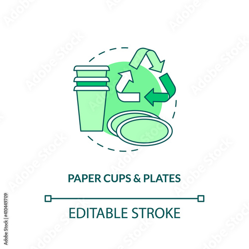 Paper cups and plates concept icon. Spoiled paper waste idea thin line illustration. Disposable tableware. Preventing from breaking down. Vector isolated outline RGB color drawing. Editable stroke