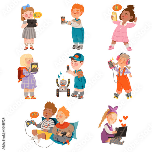 Kid Characters Using Gadgets Like Smartphone, Laptop and Tablet pc Vector Set