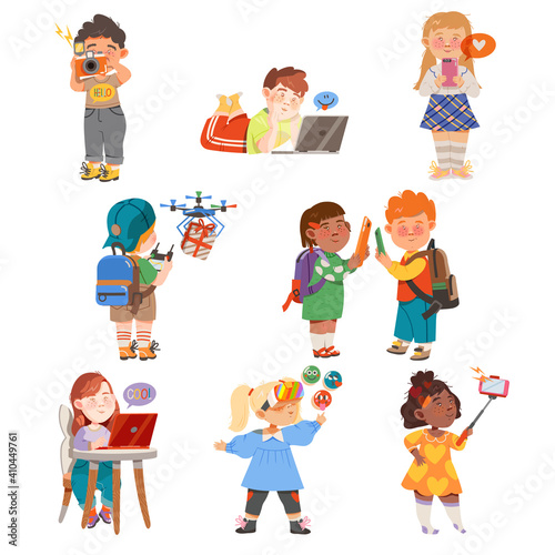 Kid Characters Using Gadgets Like Smartphone, Laptop and Camera Vector Set