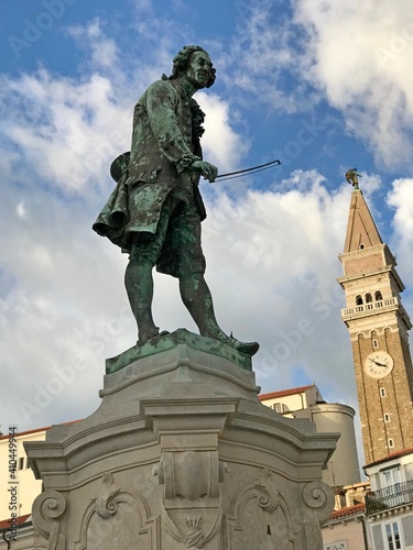 Wallpaper Mural Slovenia Piran old town, Monument of Giuseppe Tartini on Tartini Square and tower of church St. George. Torontodigital.ca