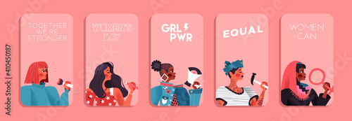Happy Women's Day diverse woman card cartoon set