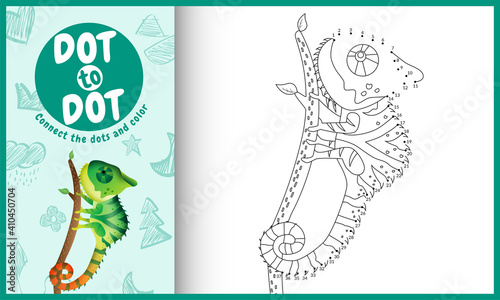 Connect the dots kids game and coloring page with a cute chameleon character illustration