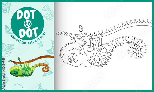 Connect the dots kids game and coloring page with a cute chameleon character illustration