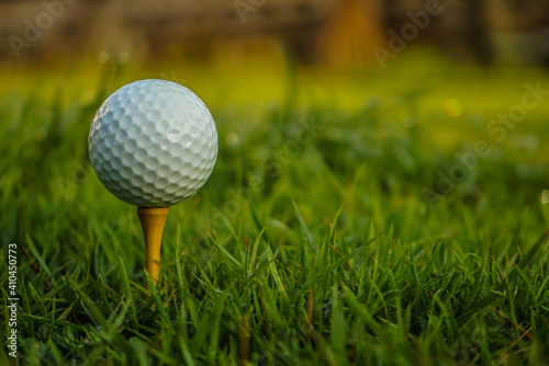 golf ball on tee in a beautiful golf course with morning sunshine.