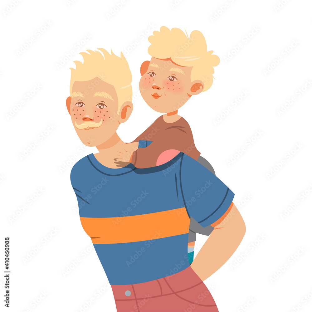 Fototapeta premium Blond Moustached Father Carrying Little Son on His Back Vector Illustration