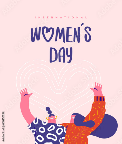 Happy Women's Day card girl friends hug together