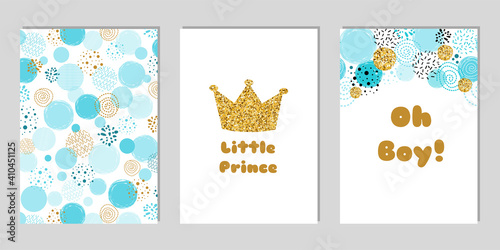 Little prince Baby shower card template set. Oh Boy blue invitation design for baby shower party. Gold crown.