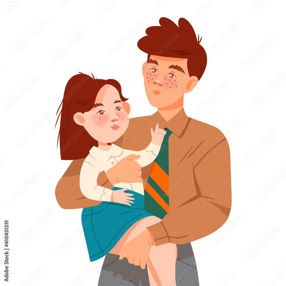 Freckled Father Holding Little Daughter with Arms Vector Illustration
