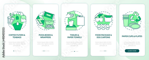 Compostable packaging onboarding mobile app page screen with concepts. Coffee filters, towels, pizza boxes walkthrough 5 steps graphic instructions. UI vector template with RGB color illustrations